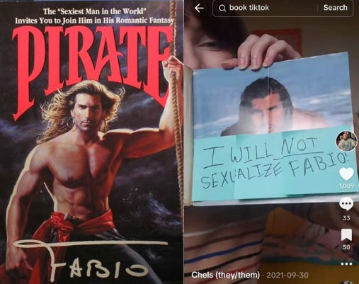 Two images: The one on the left is of the book cover of Fabio's book Pirate. Fabio is shirtless, with his hair blowing in the wind. The sea is raging behind him. On the right is a screenshot from TikTok: it is my account, chels_ebooks, and the screenshot is from a video in 2021. I'm holding up a poster that is the tip-in for Pirate. Fabio is lying on the beach, presumably nude, but I've covered up the bottom half of his body with sticky notes that say "I WILL NOT SEXUALIZE FABIO" because I didn't want to get a Community Guidelines Violation from TikTok. 