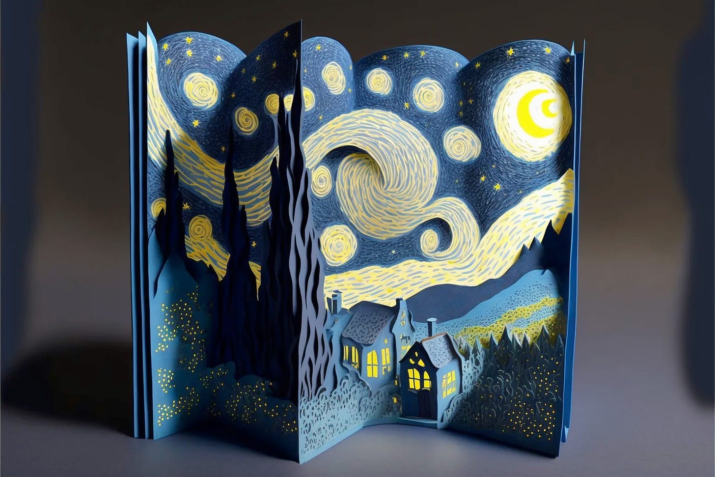 Simulated photo of a pop up book of art by Van Gogh