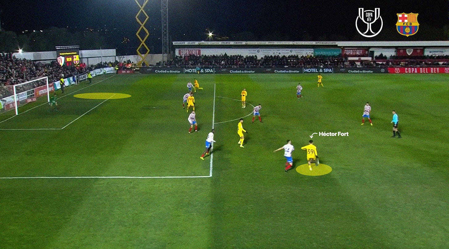 A screenshot of Héctor Fort setting up a Raphinga goal with a deft cross to the back post in a Copa del Rey game for Barcelona.