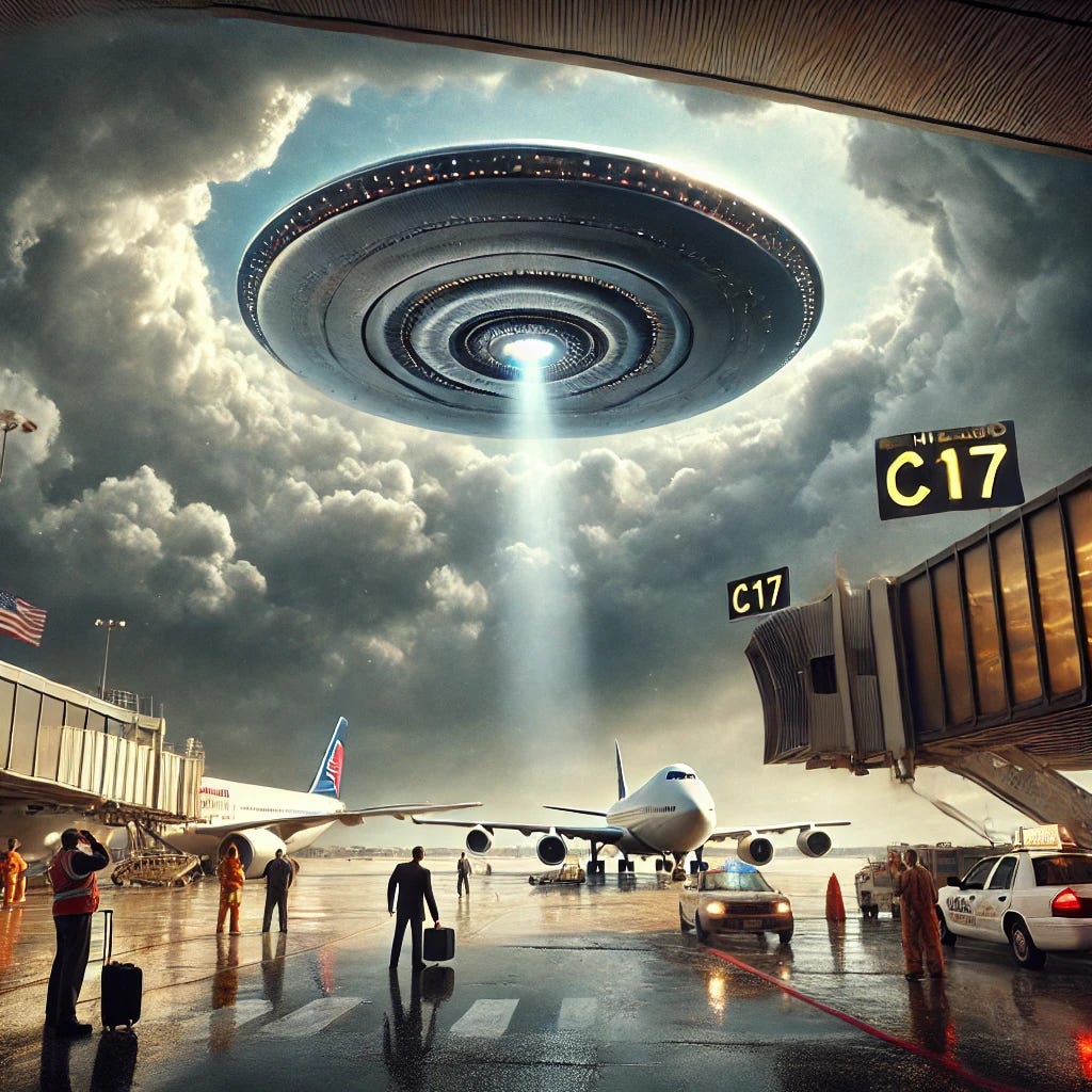A dramatic depiction of the 2006 Chicago O’Hare Airport UFO incident. The scene takes place above a busy airport tarmac, with a massive metallic disc hovering silently in the sky just above Gate C17. The UFO emits a strange, pulsating glow, reflecting off the airport terminal windows and the wet pavement below. Shocked airport workers and passengers stand frozen in disbelief, pointing at the object. A commercial airliner is taxiing nearby, its pilots glancing up in confusion. Suddenly, the UFO accelerates straight upward, punching a perfect circular hole through the overcast cloud cover, leaving behind an eerie, unnatural gap in the sky. The scene is filled with a sense of awe, mystery, and an overwhelming feeling that something unknown just made its presence known.