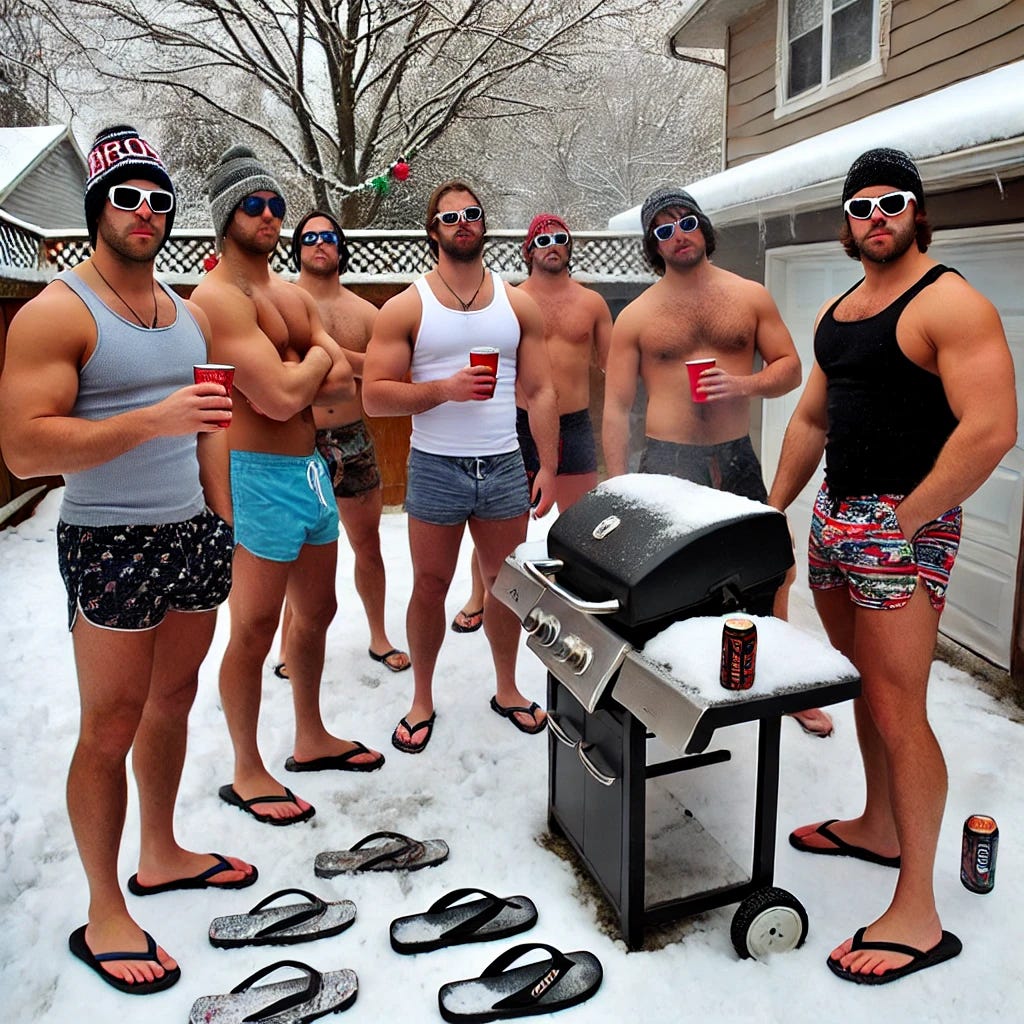 A humorous scene depicting a group of 'bros' wearing flip-flops in December. The bros are standing outside in snowy weather, visibly cold but pretending they're not. They are dressed in tank tops, shorts, and sunglasses, with exaggerated macho postures and holding cups of energy drinks. Some are attempting to grill on a snow-covered barbecue, while others are engaged in a snowball fight using snow they refuse to admit is cold. The setting is a suburban backyard with snow-covered trees and a comically over-decorated Christmas-themed backdrop.