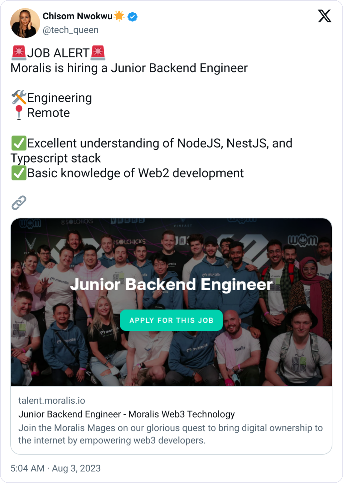 Chisom Nwokwu🌟 @tech_queen 🚨JOB ALERT🚨 Moralis is hiring a Junior Backend Engineer  🛠️Engineering 📍Remote  ✅Excellent understanding of NodeJS, NestJS, and Typescript stack ✅Basic knowledge of Web2 development