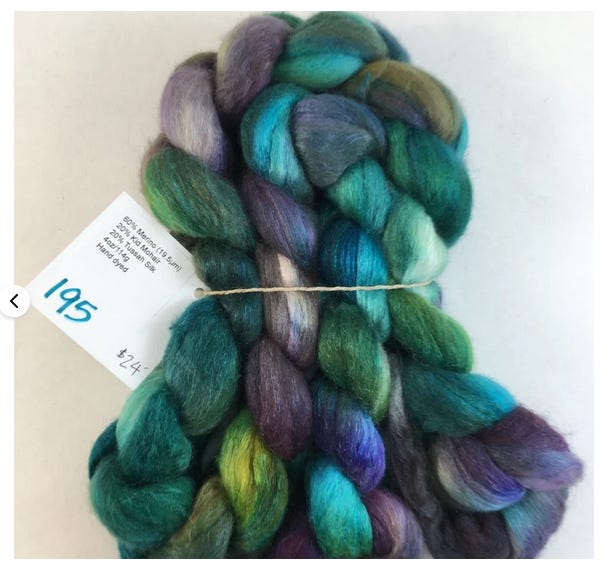 merino wool kid mohair tussah silk blended and dyes purple turqoise and green with hints of white and blue
