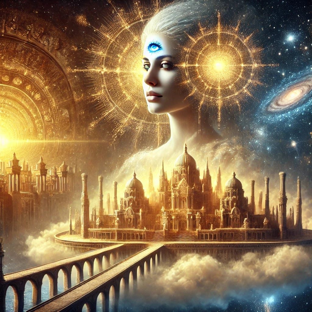 A mystical digital painting of an ethereal woman with a glowing third eye, a majestic ancient city resting on a floating cloud above her head. The city is illuminated with divine golden light, featuring elegant spires, archways, and temples inspired by lost civilizations. The woman’s serene expression reflects wisdom and spiritual enlightenment. The background is filled with a celestial sky of swirling stars and galaxies, enhancing the atmosphere of transcendence and higher consciousness.