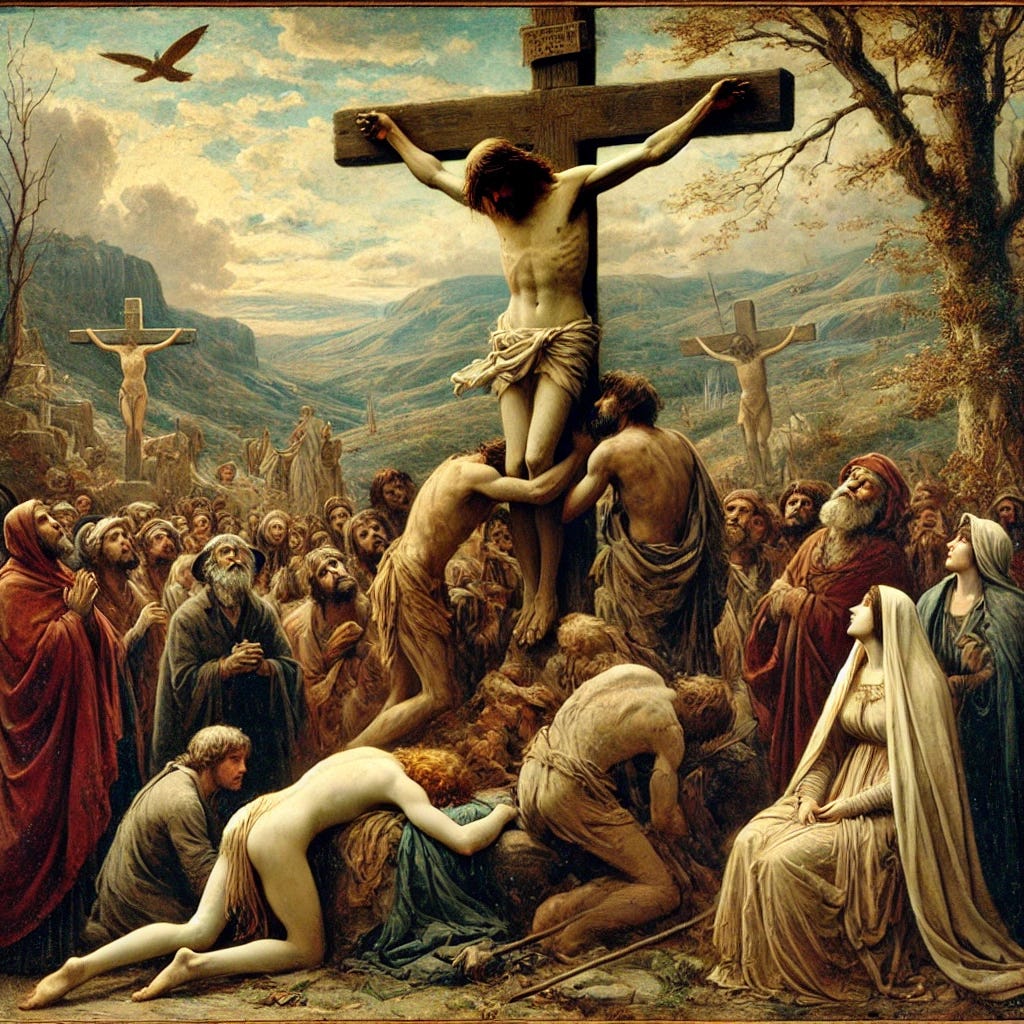 A depiction of Christ's crucifixion in a pre-Raphaelite style. The scene should show Christ on the cross, surrounded by mourners, with a detailed, almost romantic portrayal of the figures and landscape. The colors should be rich and vibrant, capturing the emotional intensity and beauty typical of the pre-Raphaelite art movement.