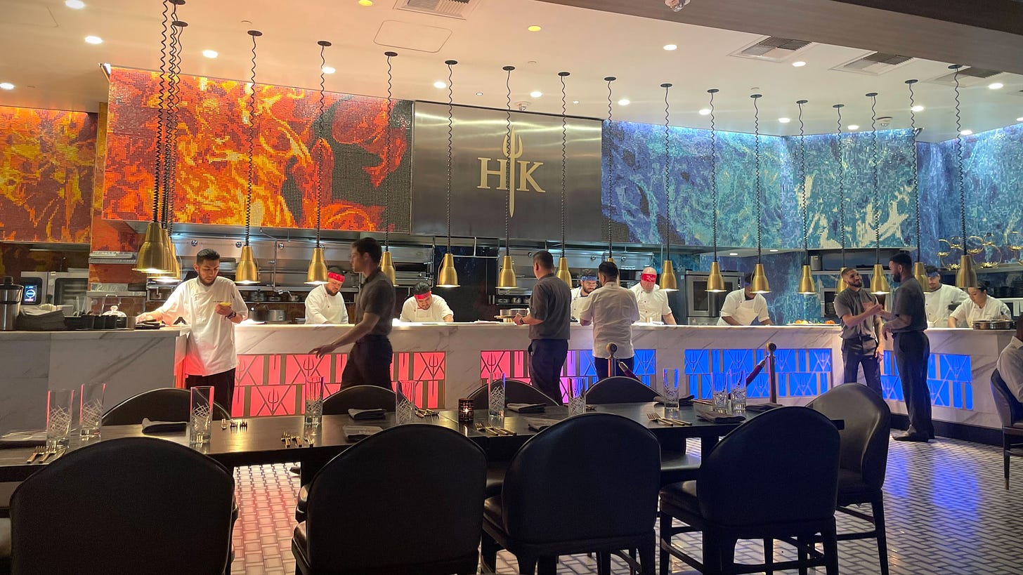 Hell's Kitchen Las Vegas Interior with Red and Blue Kitchens