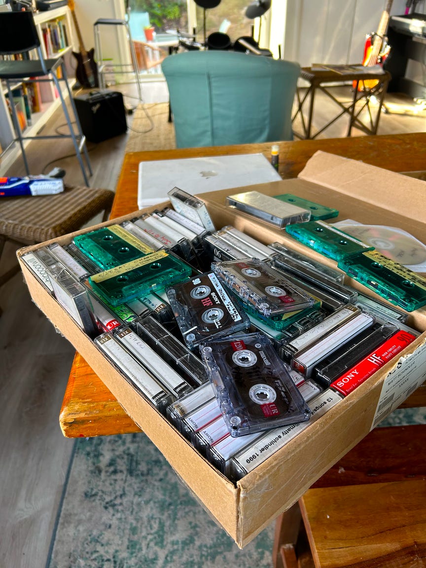 a box of cassettes full of song ideas, one of which was shared here in today's newsletter.