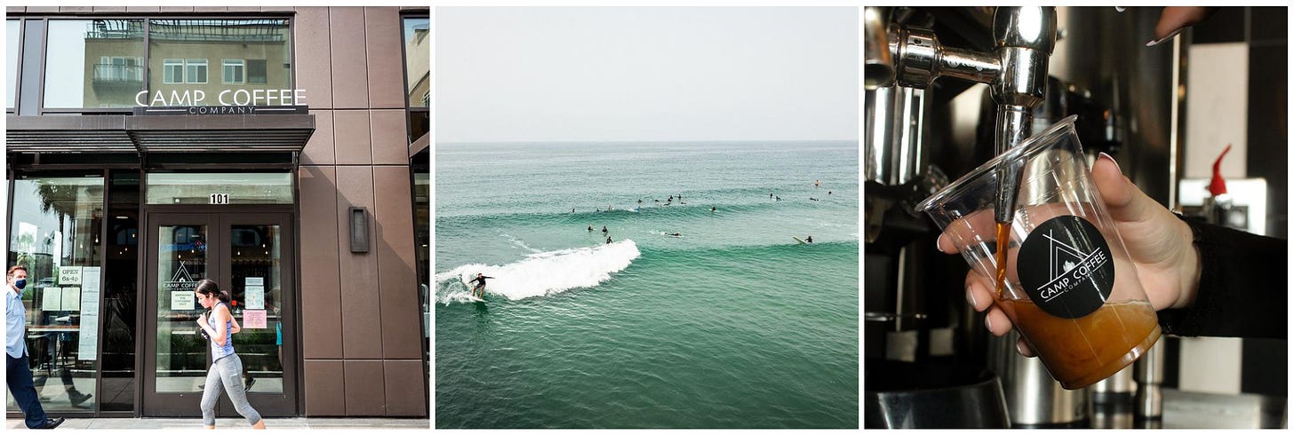 A 3-panel collage of photographs. From left: A woman jogs past the entry way to Camp Coffee Company. A surfer catches a wave in the foreground as line-up of surfers watch on. A hand holds a Camp Coffee Company branded cold brewed coffee cup up to a coffee machine.