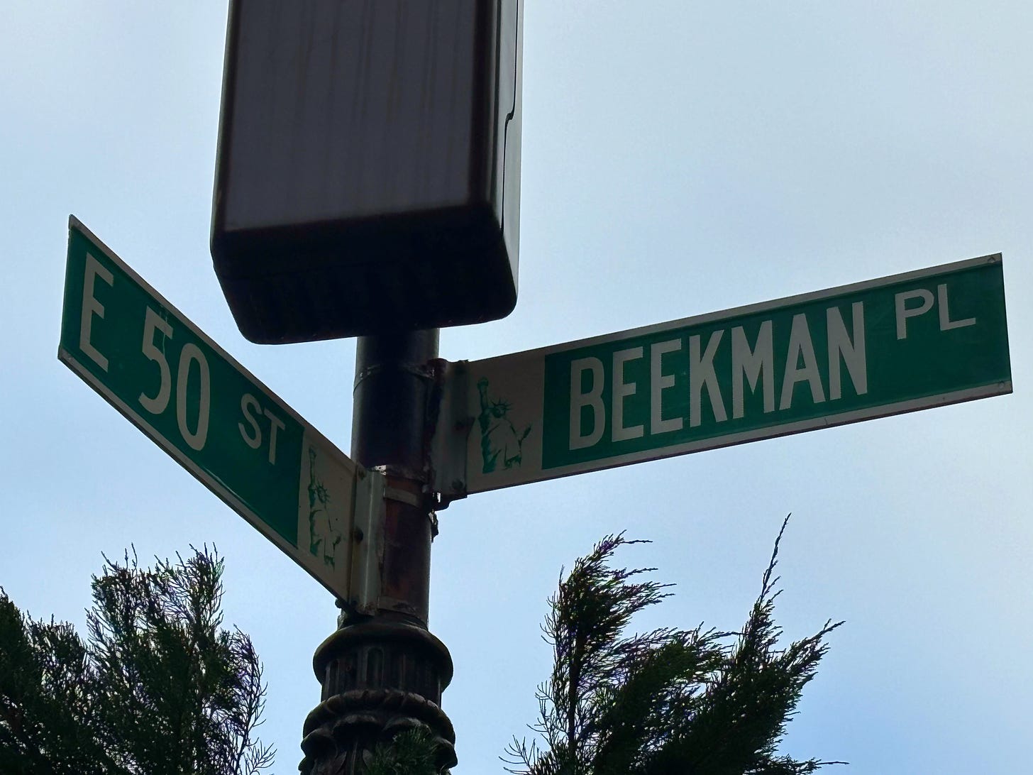 The street sign where Mount Pleasant stood, now East 50th and Beekman Place.