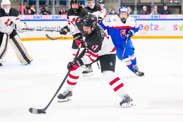 Macklin Celebrini of Canada in action during U18 Ice Hockey World Championship bronze medal match between Canada and Slovakia at St. Jakob-Park at...