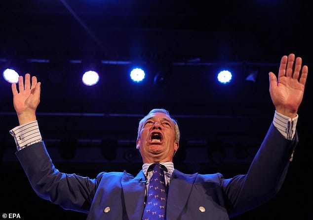 Reform Party leader Nigel Farage speaks at a Meet Nigel Farage event in Clacton yesterday