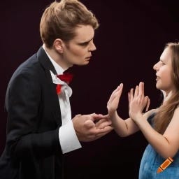 woman scolding a magician like a child