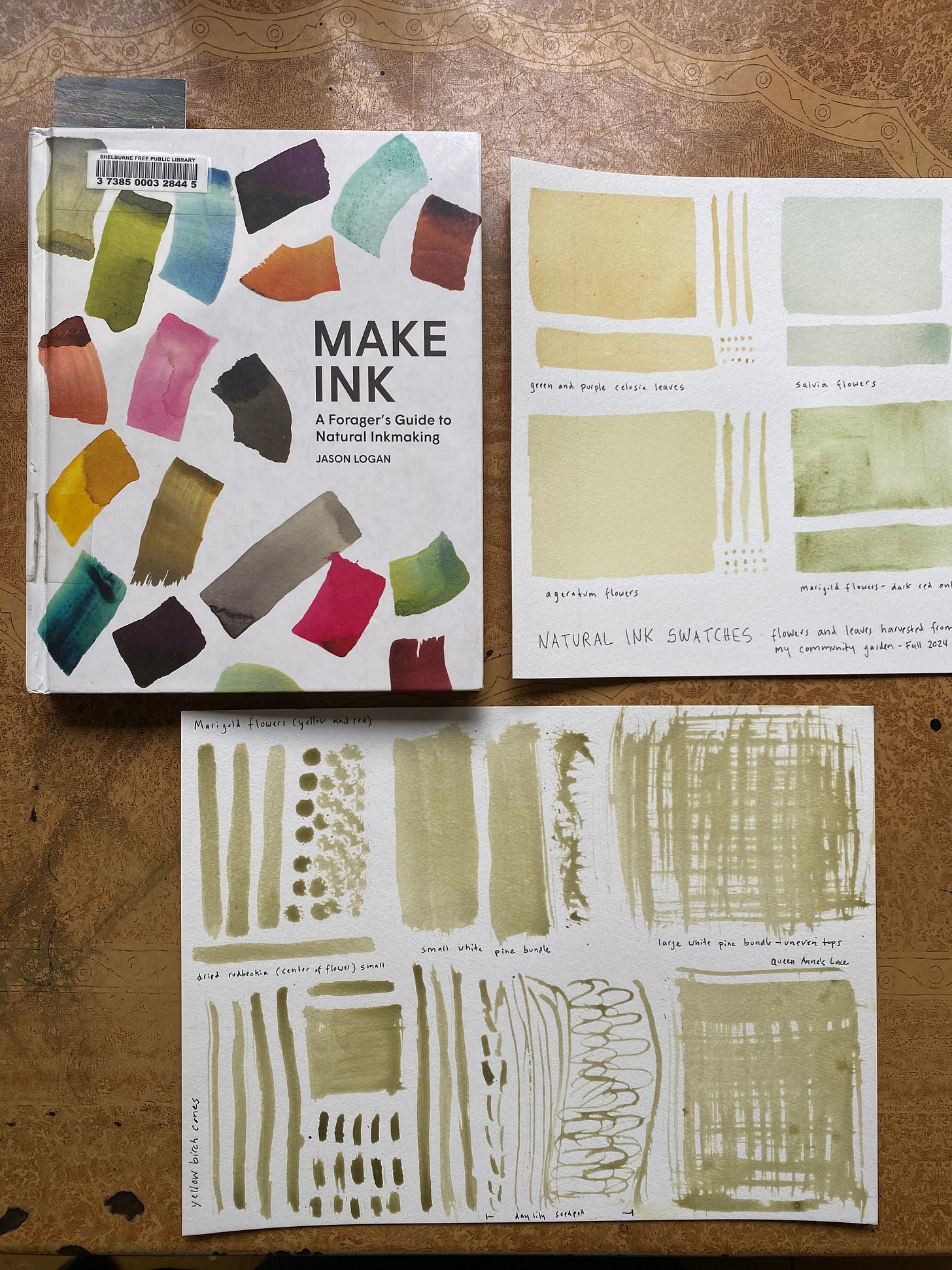 Swatches of natural ink samples and a page showing the different marks made by different kinds of brushes next to the book Make Ink: A Forager’s Guide.