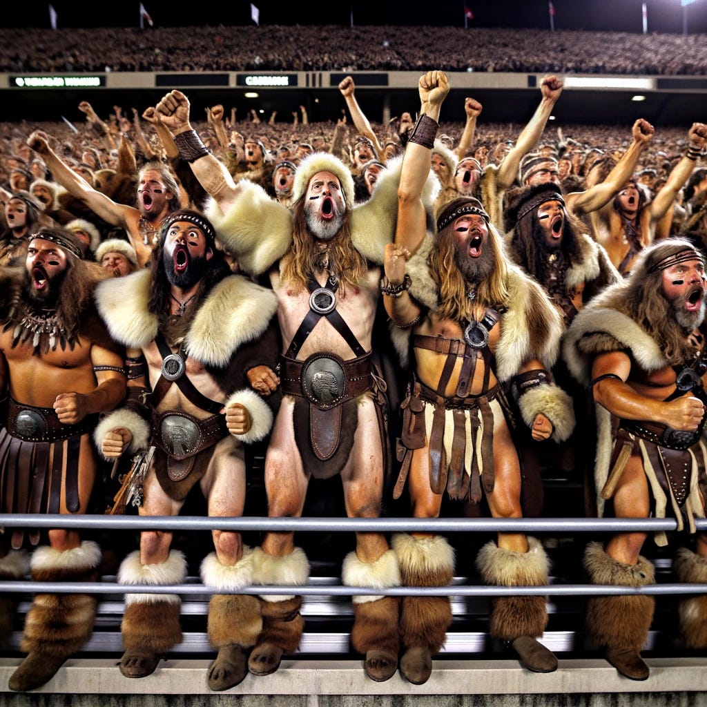 Classical-era Germanic tribesmen, adorned in their traditional garb of furs and leather, are enthusiastically cheering from the bleachers at a college football game. These ancient warriors are caught up in the modern spectacle, their arms raised in jubilation as they support the team. The contrast between their historical attire and the contemporary setting of a well-lit, packed stadium during a college football game creates a surreal blend of times. This scene captures the excitement of sports transcending cultural and temporal boundaries, with the tribesmen fully engaged in the spirit of the game.
