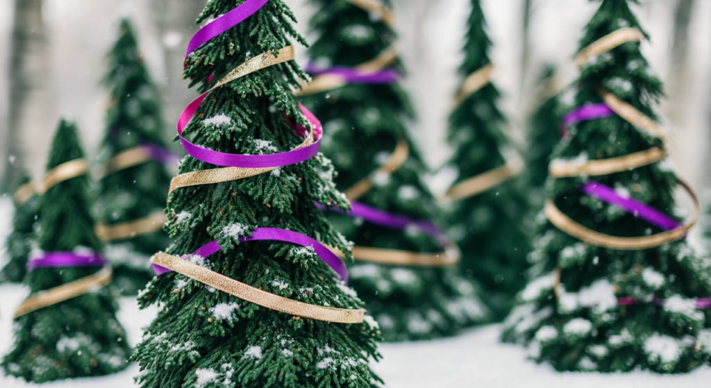 Christmas trees decorated with ribbons in the snow