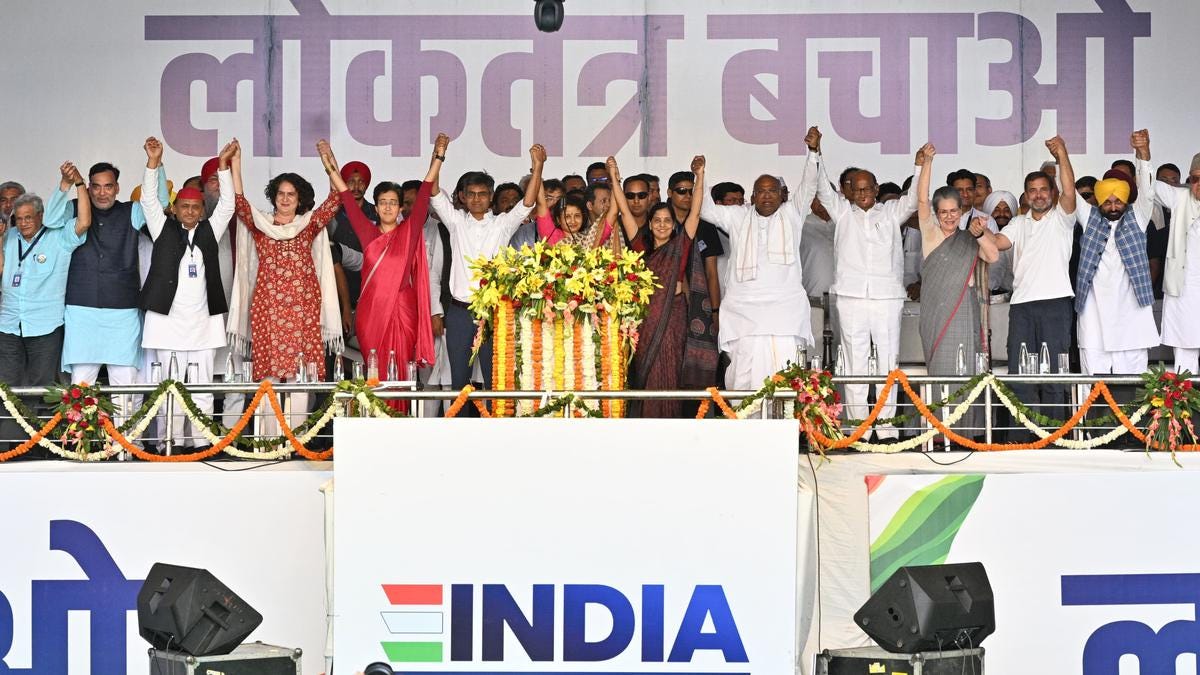 INDIA bloc rally updates: BJP will still not cross 180 seats: Rahul Gandhi  at Ramlila Maidan along with Sunita Kejriwal, Tejashwi Yadav, Derek O'Brien  and other leaders of INDIA Bloc - The