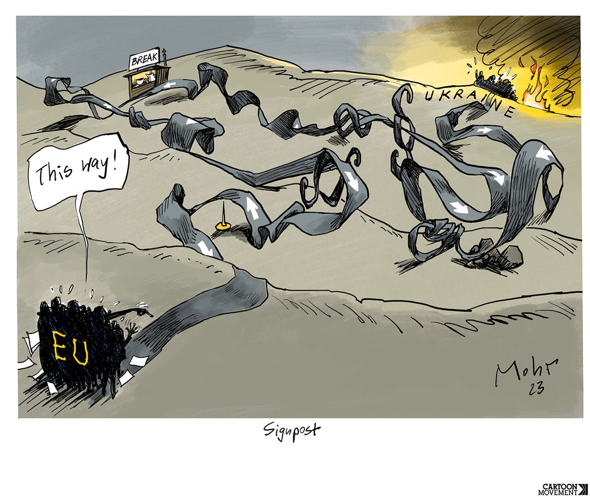 Cartoon showing a group of EU officials shouting 'This way!', while in the distance we see Ukraine on fire. The road between Ukraine and the EU is a twisted and seems impossible to navigate.