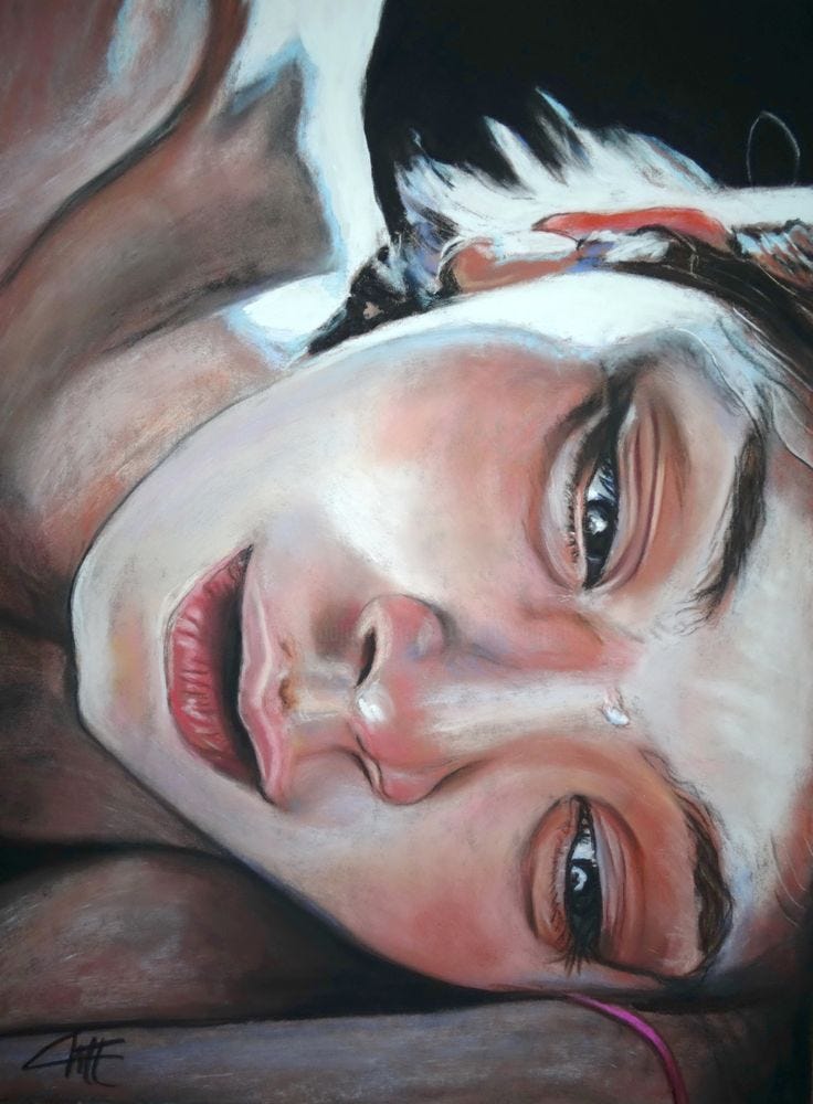 This may contain: a painting of a man laying down with his eyes closed