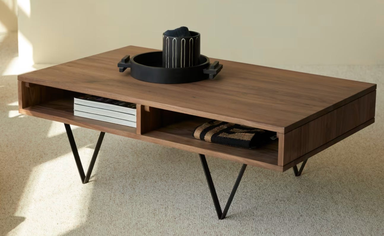 modern walnut and iron rectangle coffee table