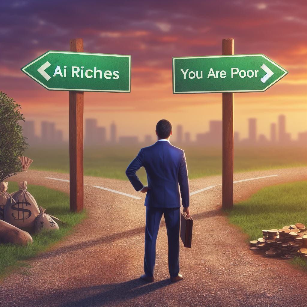 photo realistic, investor standing at a fork in the road, one path shows a sign saying "AI riches", the other path shows a sign saying "you are poor: