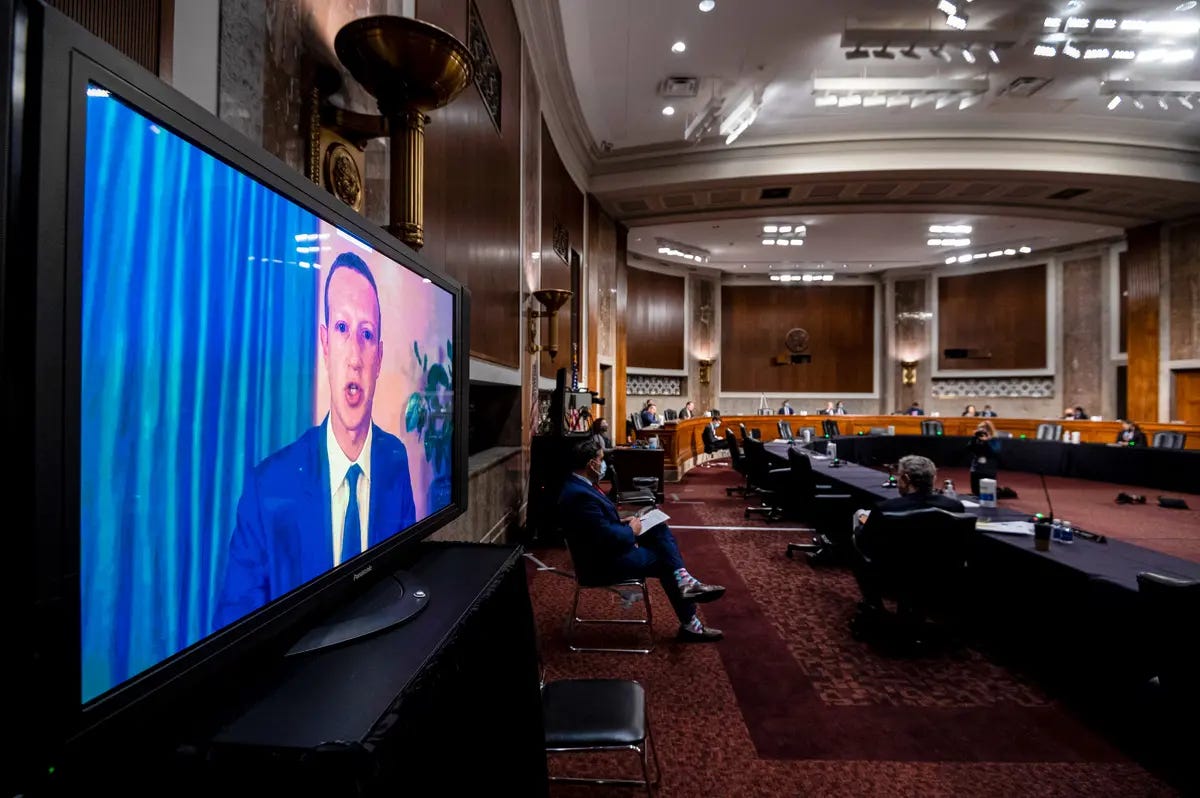  Mark Zuckerberg, CEO of Facebook, testifies remotely during a Senate Judiciary Committee hearing on "Censorship, Suppression, and the 2020 Election," in Washington on Nov. 17, 2020. (Bill Clark-Pool/Getty Images)