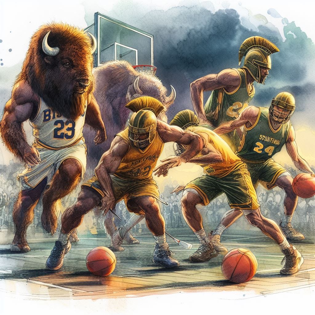 Bison in basketball uniforms playing a game against Spartans in basketball uniforms, watercolor