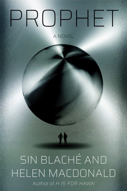 Prophet by Sin Blaché and Helen Macdonald. Two tiny silhouetted men stand under a shiny silver sphere on a shiny silver background. This will make sense when you read the book, trust me.