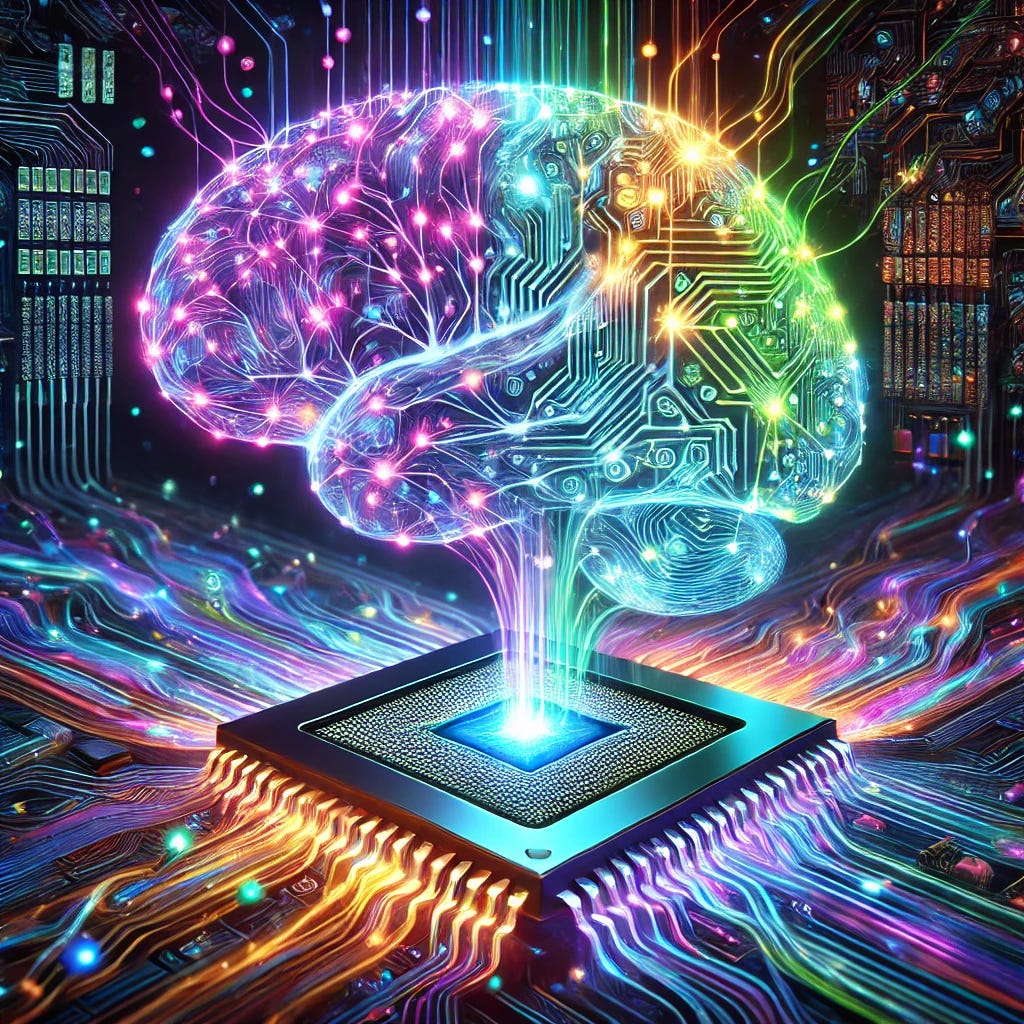 A visually intricate and ultra-futuristic cover image emphasizing the concept of machine learning compilers. The artwork features a glowing, semi-transparent 'AI brain' with highly detailed and radiant neural pathways lighting up in dynamic neon colors. Below the brain, an advanced and sleek GPU chip radiates cascading multicolored light beams that create an immersive glow. Streams of binary codes, holographic particles, and intricately animated neural network graphs flow interactively between the AI brain and the GPU chip, representing the transformation of abstract computations into machine-level instructions. The background is a stunning digital landscape of interconnected, glowing circuit boards, vibrant holographic displays, and dynamic energy pathways, blending shades of neon blue, teal, purple, and orange. The design symbolizes cutting-edge AI, precision, and the future of machine learning compilers, ideal for a technical article.