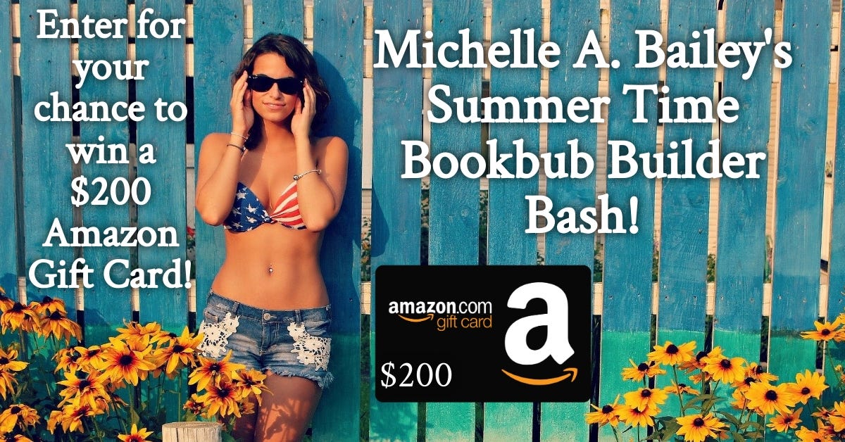 Enter for your chance to win a $200 Amazon Gift Card - BookBub Givaway - background is  a woman leaning against a blue fence with yellow daises on either side of her.