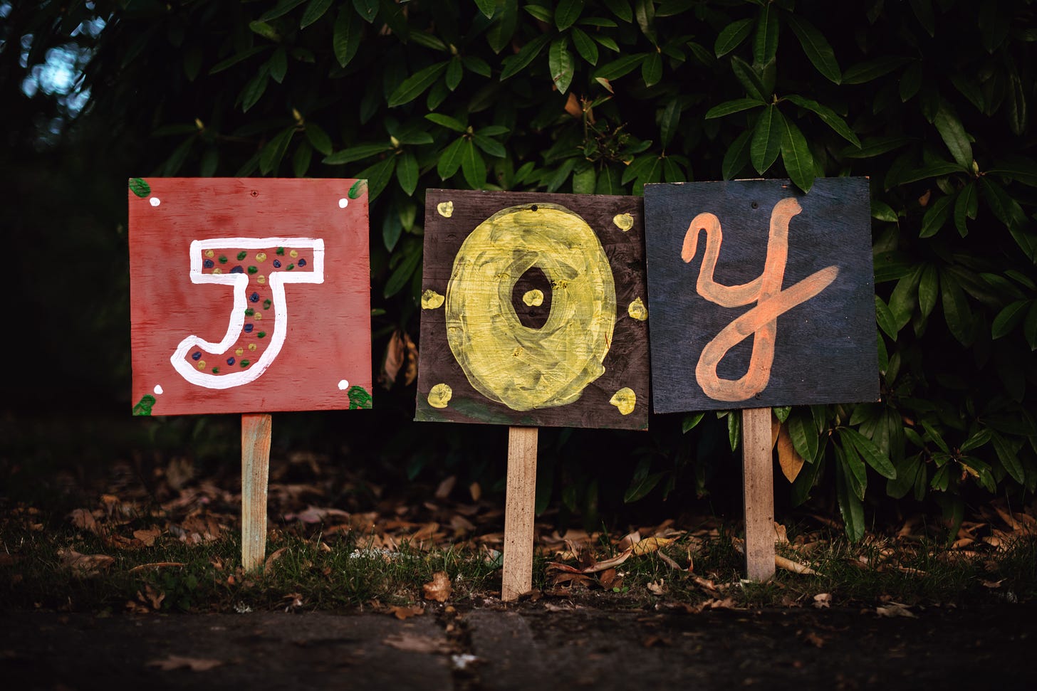 Joy in the form of three letters on placards in a row at the side of a road.. The placards letters are hand painted