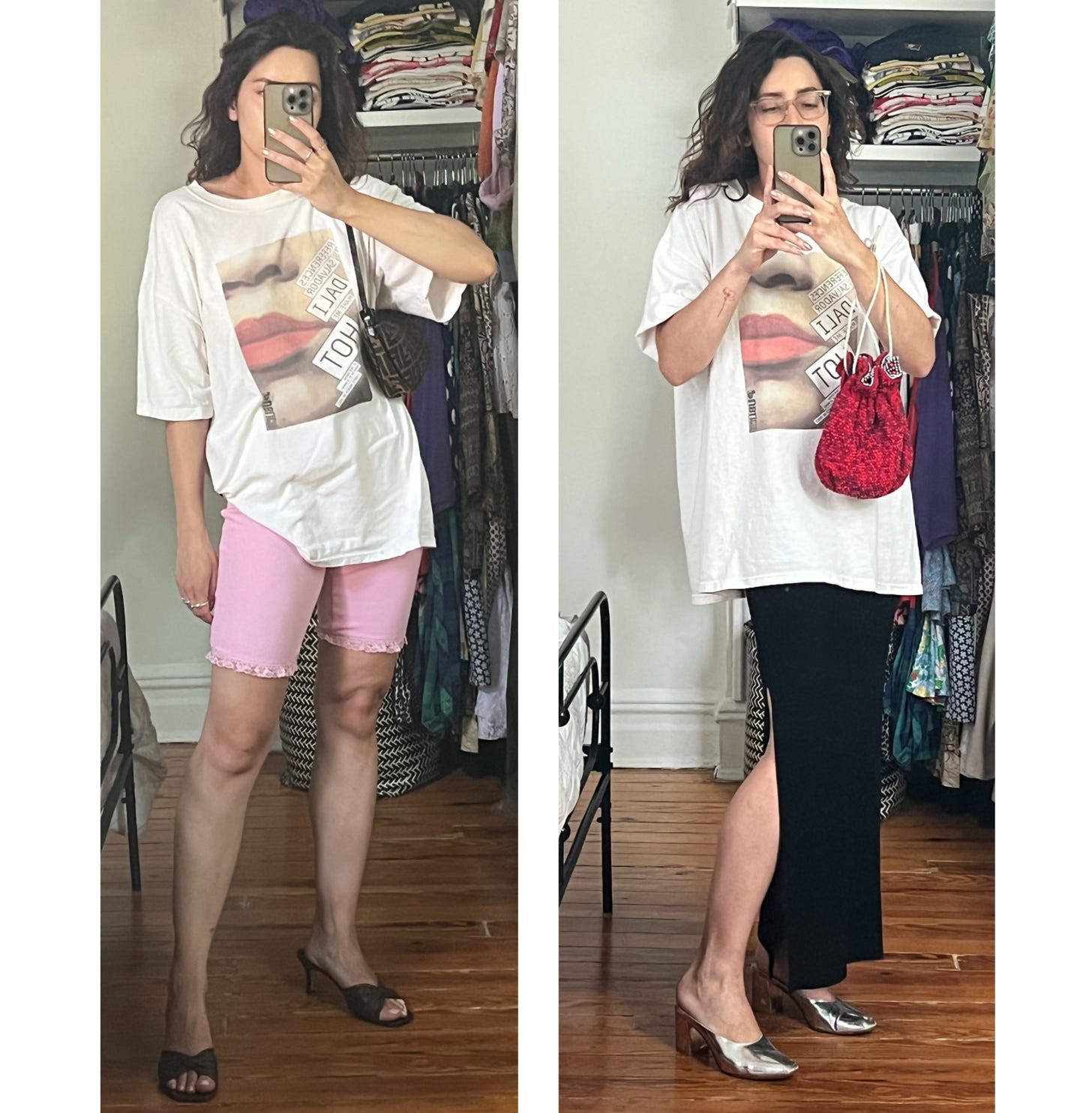 Two images side by side. A brown-haired person taking a mirror selfie and wearing the following, Left: vintage tee with close-up of lips and nose and text obscured via Mothfood, Evewear pink lace bike shorts, vintage brown Fendi baguette, vintage brown wrap slides. Right: the same oversized t-shirt, beaded red pouch via Zipper Factory, slinky black slit skirt via Goodwill, Maryam Nassir Zadeh silver closed-toe mules.