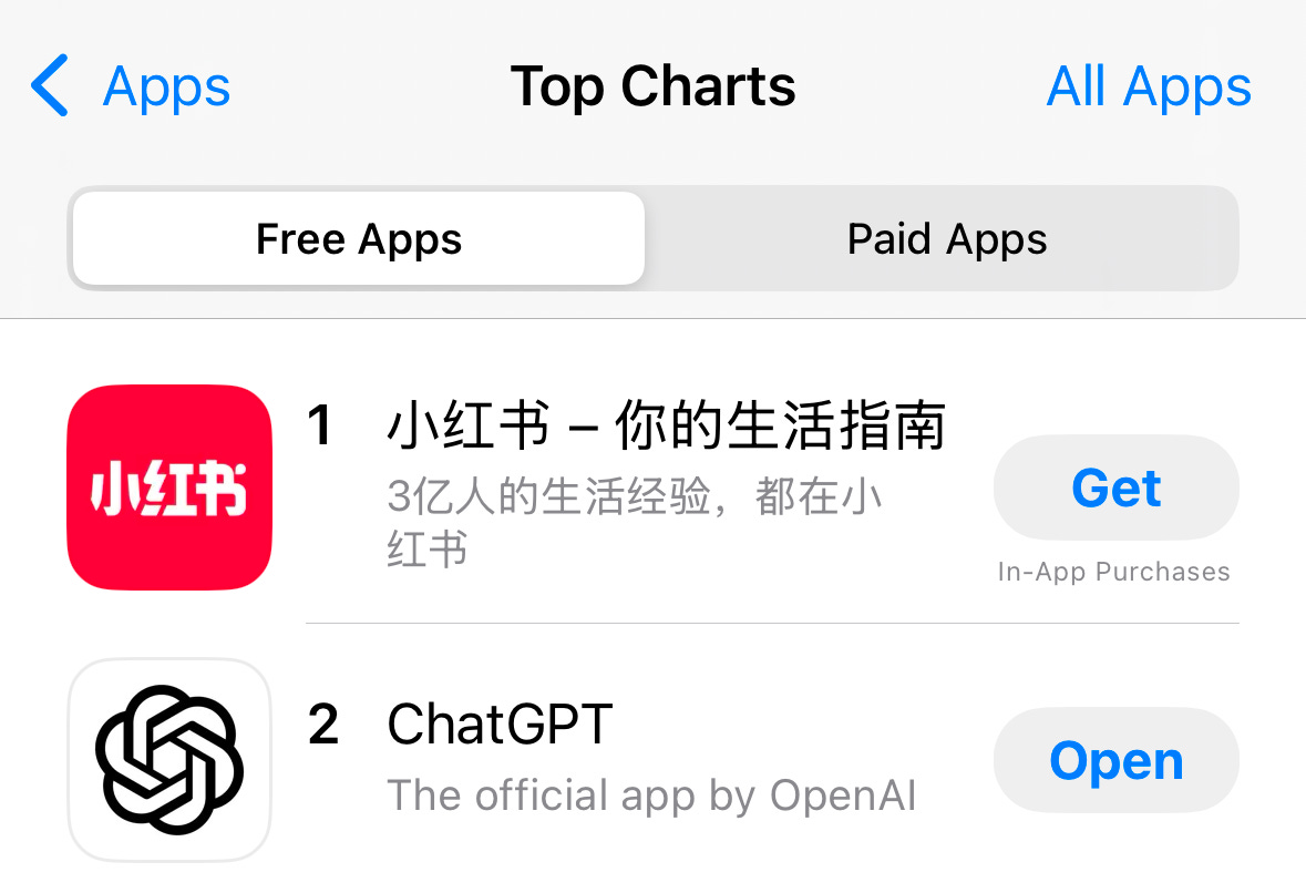 Screengrab of Xiaohongshu topping Apple App Store's Free Apps chart