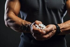 a very fit person holding a pill