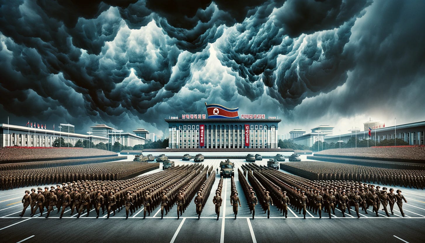 A realistic depiction of a North Korean military parade under dramatic, stormy clouds. The scene is wide aspect ratio, showcasing rows of soldiers in uniform marching in unison, with military vehicles and flags displayed prominently. The background features imposing government buildings, and the overall atmosphere is tense and grandiose.