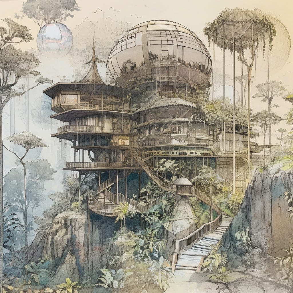 In a jungle clearing, a large egg-shaped atrium made of glass and bamboo, connected to wooden treehouses.