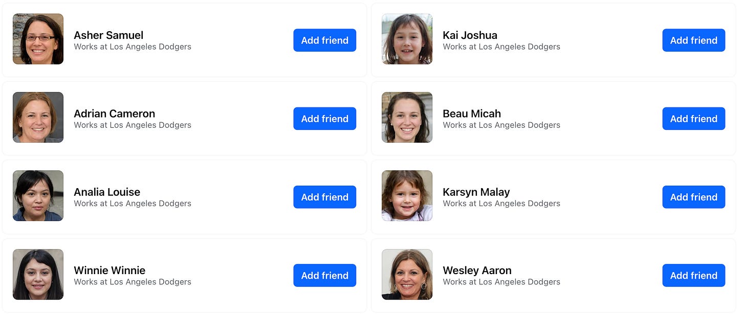 eight Facebook accounts claiming to work for the Los Angeles Dodgers; all have GAN-generated faces