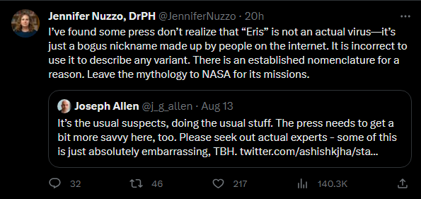 Jennifer Nuzzo tweets that the "Eris" variant nickname is "just a bogus nickname made up by people on the Internet," in reply to Joseph Allen stating "it's the usual suspects...seek out actual experts."