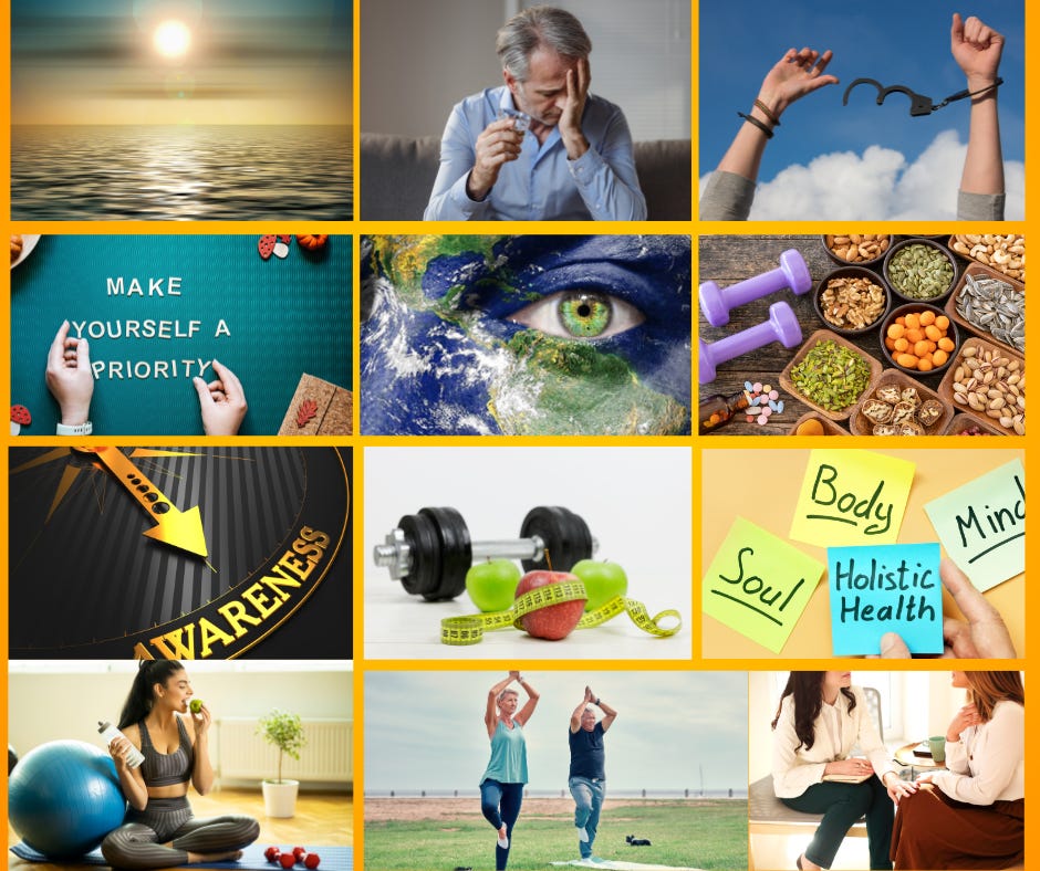 Collage of 12 picture depicting awareness, wellness, and well-being in holistic self-care.