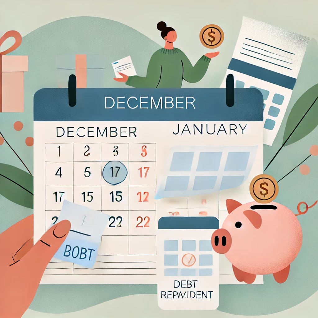 A supportive and professional illustration representing the concept of recovering from holiday overspending. The image shows a calendar flipping from December to January, with a person reviewing bank statements and creating a budget. Nearby, there is a piggy bank and a debt repayment plan, symbolizing financial recovery. In the background, subtle holiday-themed icons like gift boxes and decorations are being replaced by savings icons like coins and a savings jar. The design uses calming colors like soft blues, greens, and warm neutrals to convey hope and a fresh start in the new year.