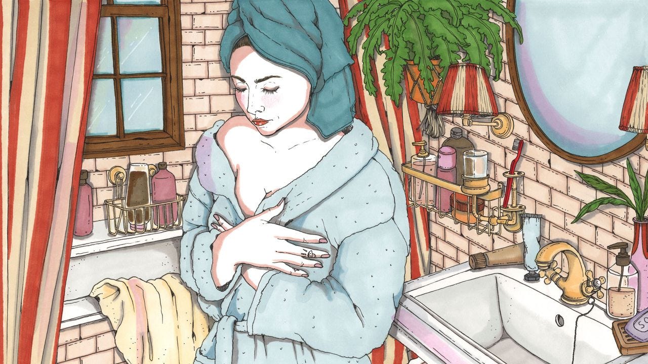 illustration of a woman in a bathrobe in her bathroom