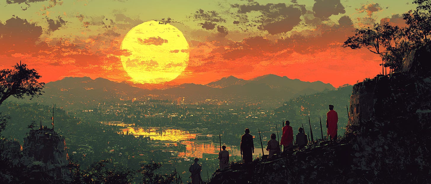 A dramatic landscape at sunset showing a group of figures standing on a hilltop overlooking a vast city below. The scene is dominated by a large, glowing sun that fills the sky with warm hues of orange, yellow, and red, casting a surreal light over the mountains and reflecting off the city’s waterways. The silhouettes of trees and people add a contemplative and timeless quality to the image.