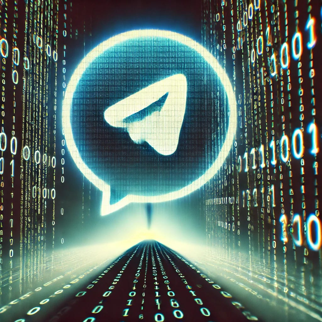 An abstract high-quality visual of a glowing Telegram logo with binary code streaming around it. The image highlights a sinister shadow in the background, representing data breaches and cybercrime tied to underground Telegram bots. The atmosphere is dark and intense.