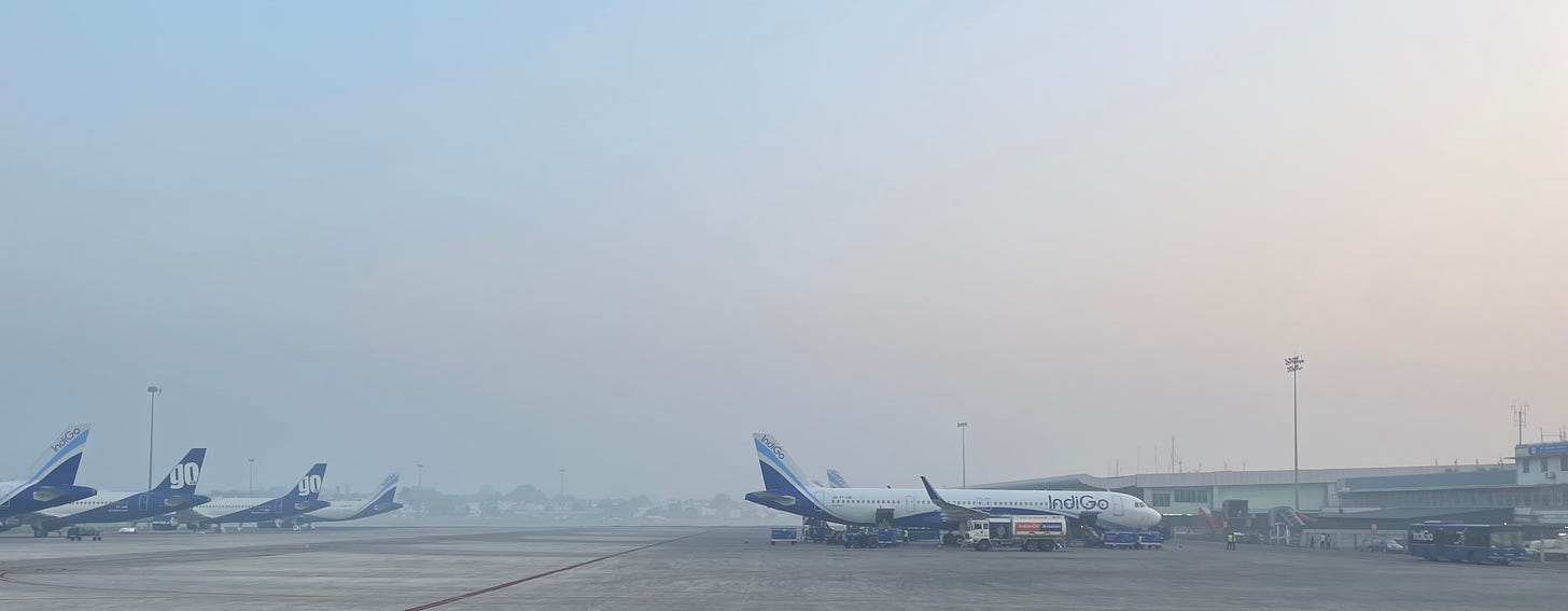 hazy morning at the Nagpur airport. Indigo flights seen parked on the runway.