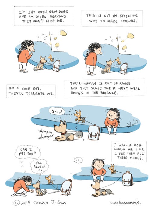 shy with dogs comic strip journal comics, dogs, illustration, cartoonconnie, connie sun, climbing gym, comics, humor