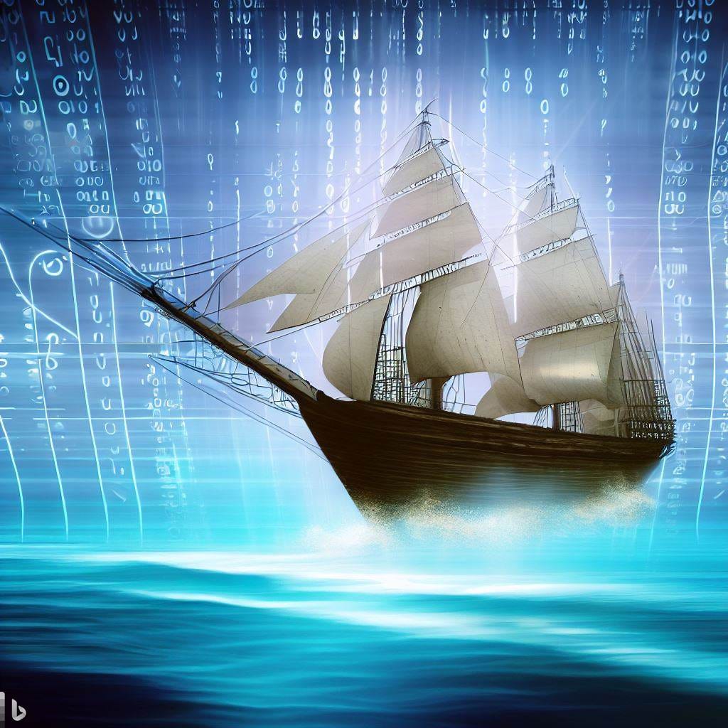 A voyaging ship on the sea of internet, digital art 