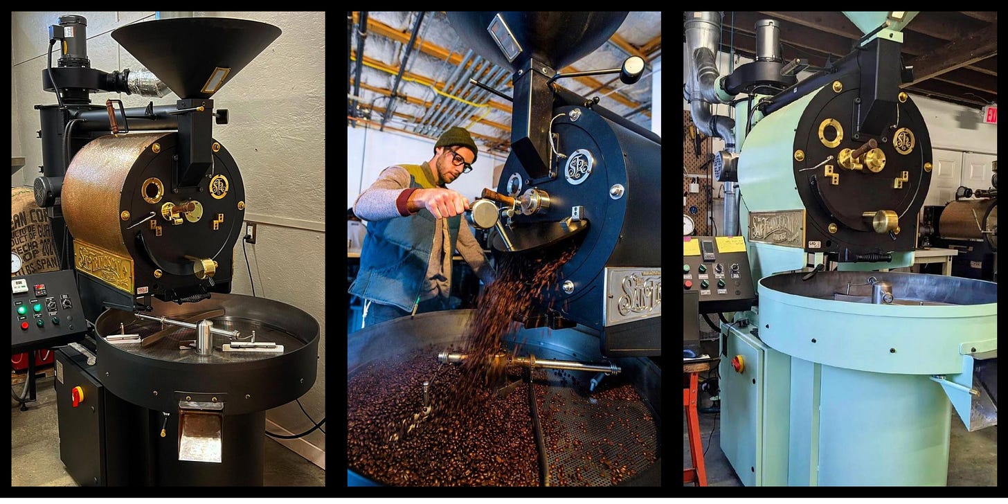 three side by side images of San Franciscan coffee roasting machines.
