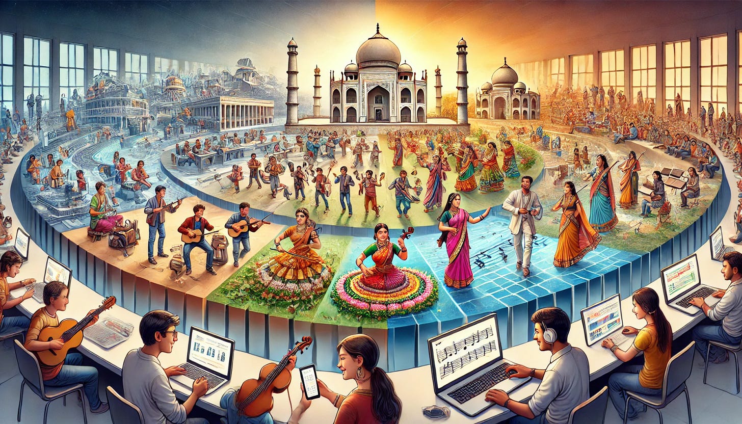 A wide, panoramic illustration depicting the future of Indian classical music through digital innovation, global education programs, and research and archiving. On the left, show young people using smartphones and laptops to learn and enjoy Indian classical music through immersive and interactive digital experiences. Transition to the middle with scenes of global music centers teaching Indian classical music, fostering cross-cultural appreciation and understanding, with diverse students eager to learn. On the right, depict efforts to archive and study rare compositions and styles, with researchers and musicians preserving the historical and musical significance of Indian classical music. The entire image should be detailed and colorful, reflecting the potential and advancements in promoting Indian classical music.