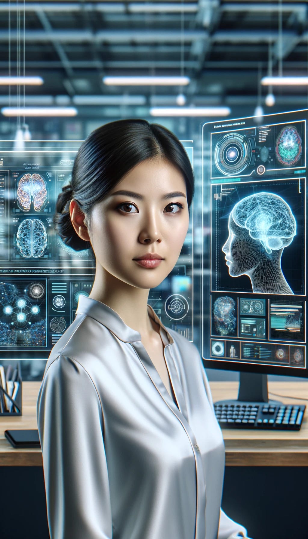 Portrait of a female Asian AI Psychologist in the same futuristic setting as previously depicted. The AI Psychologist is shown in a modern, high-tech office, exhibiting a focused and engaged expression while analyzing and optimizing AI behavior. The background remains consistent, featuring advanced computers and holographic displays illustrating complex neural networks and AI data analytics. Interactive 3D models of AI brains and screens displaying AI diagnostics and psychological patterns surround her. This portrait highlights the blend of technology and human insight in AI psychology.