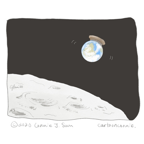 Sketchbook: Earth Snow Globe illustration, earth from the moon, earth as a snow globe being shaken up, global pandemic, coronavirus, before and after, drawing, journal, connie sun, cartoonconnie