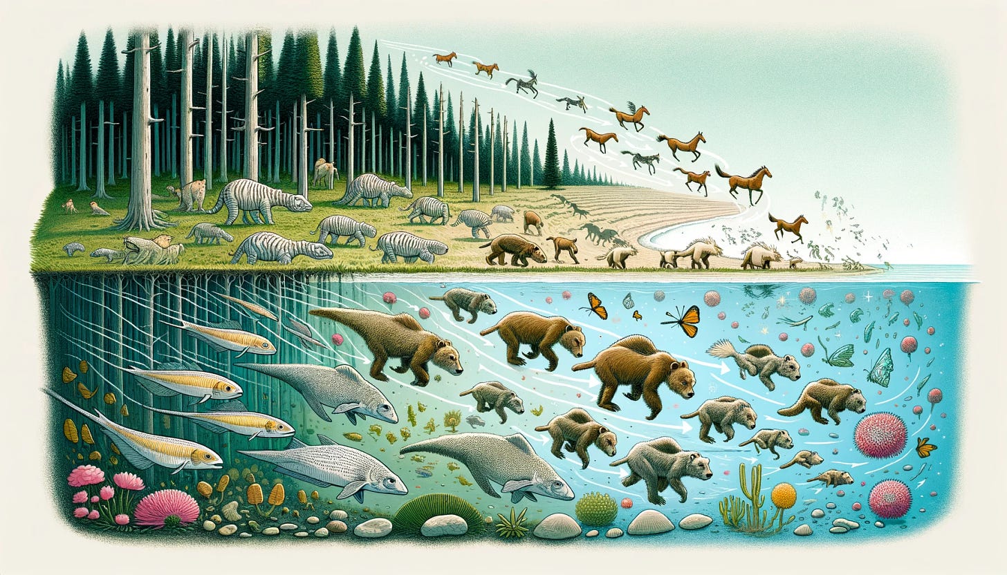 Illustration depicting the concept of punctuated equilibrium in species evolution. The image should show two time periods: one with a stable environment where species remain unchanged, represented by identical animals or plants in a consistent pattern, and a second period showing a sudden burst of evolutionary change with distinctly different animals or plants emerging. The background should subtly shift to indicate environmental changes, aiding the visualization of this evolutionary theory. The style should be clear, educational, and suitable for a science textbook.
